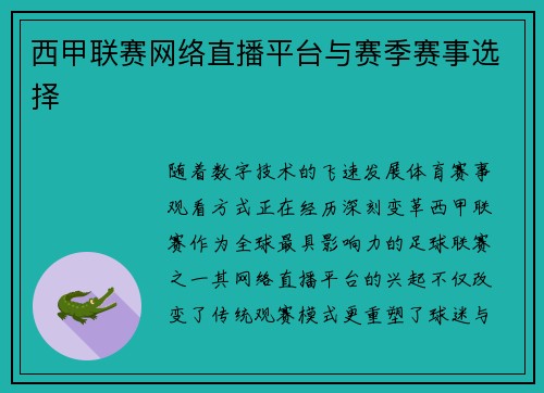 西甲联赛网络直播平台与赛季赛事选择